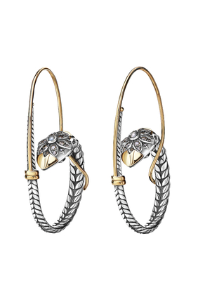 Floral Snake Hoop Earrings, 18k Gold with Sterling Silver & Sapphire